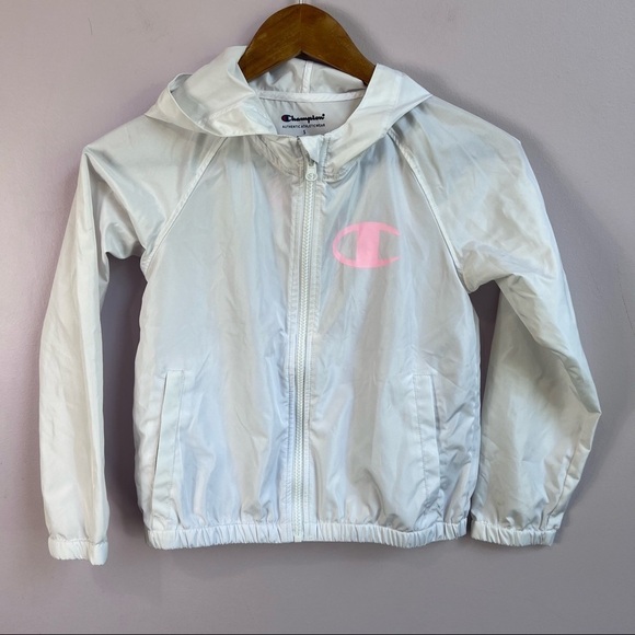CHAMPION Girls White Hooded Logo Windbreaker Rain Jacket Pastel Logo Small - Picture 13 of 14